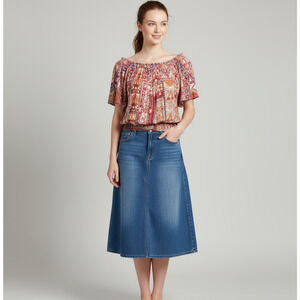 Rachel Zoe Banded Peasant Winch Top Orange Brown Print Floral Batik Aztec M
